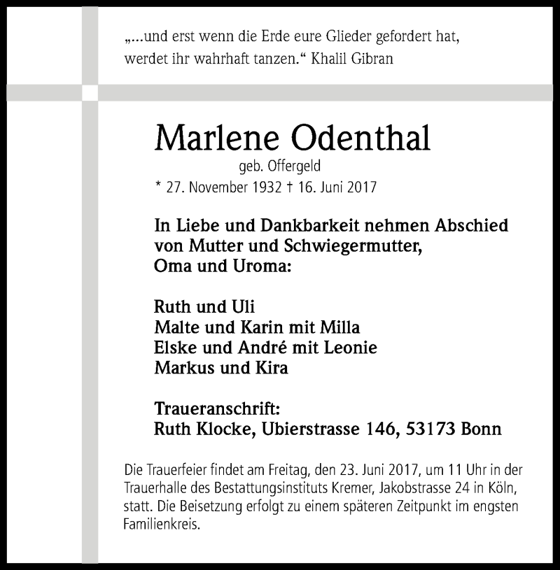  Traueranzeige für Marlene Odenthal vom 21.06.2017 aus Kölner Stadt-Anzeiger / Kölnische Rundschau / Express