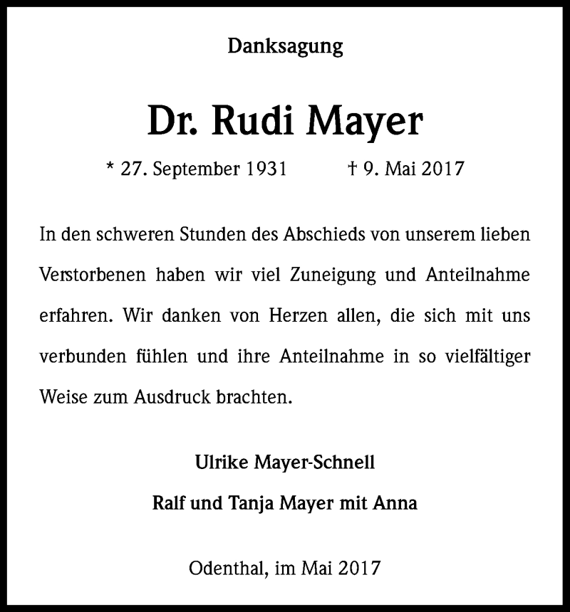  Traueranzeige für Rudi Mayer vom 03.06.2017 aus Kölner Stadt-Anzeiger / Kölnische Rundschau / Express
