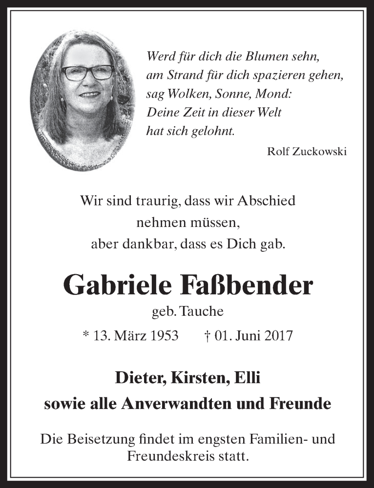  Traueranzeige für Gabriele Faßbender vom 10.06.2017 aus  Sonntags-Post 