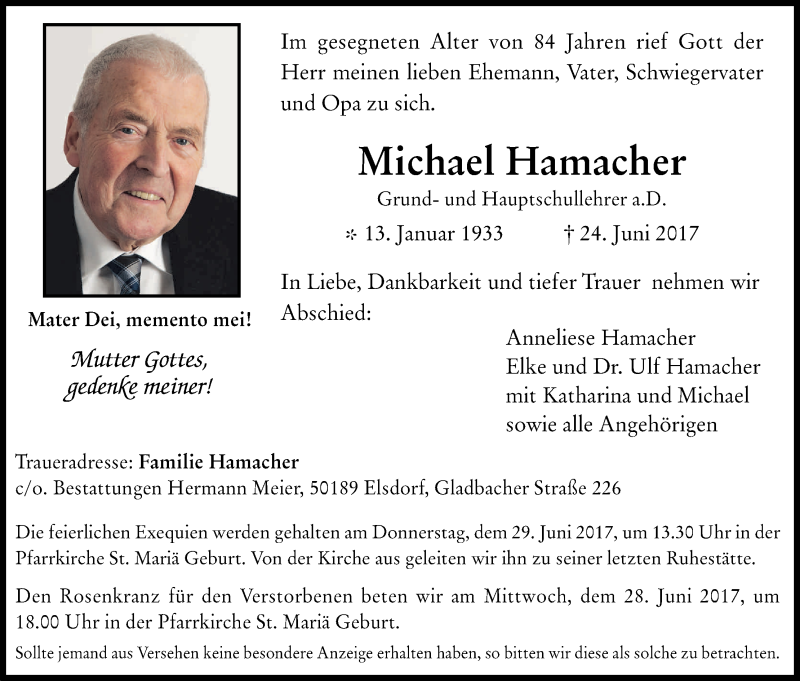  Traueranzeige für Michael Hamacher vom 28.06.2017 aus Kölner Stadt-Anzeiger / Kölnische Rundschau / Express
