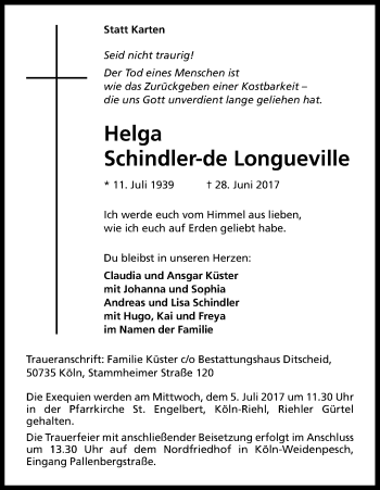 Anzeige von Helga Schindler-de Longueville von Kölner Stadt-Anzeiger / Kölnische Rundschau / Express