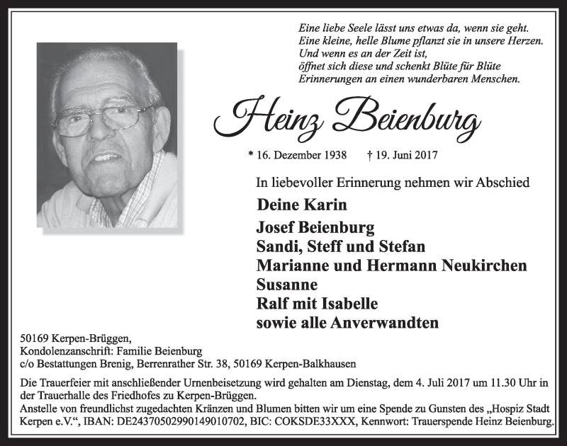  Traueranzeige für Heinz Beienburg vom 01.07.2017 aus  Sonntags-Post 