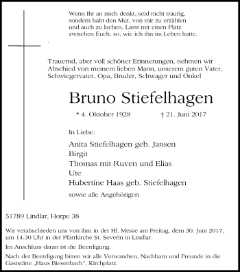 Anzeige von Bruno Stiefelhagen von Kölner Stadt-Anzeiger / Kölnische Rundschau / Express