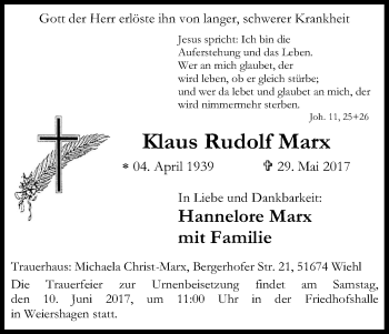 Anzeige von Klaus Rudolf Marx von Kölner Stadt-Anzeiger / Kölnische Rundschau / Express