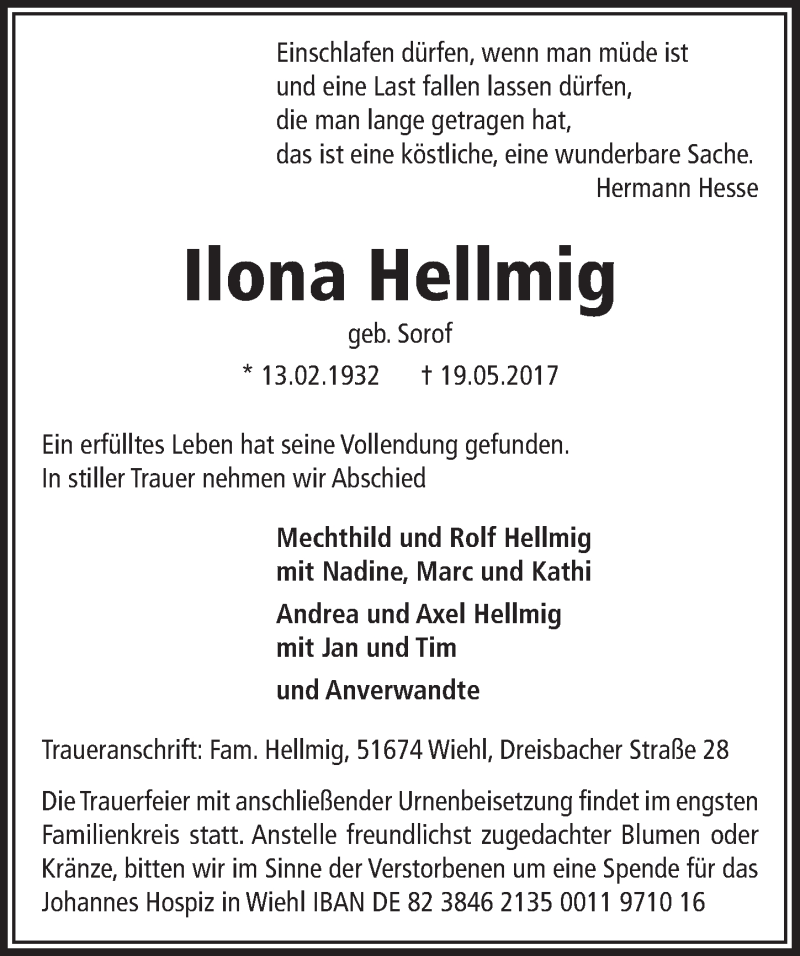  Traueranzeige für Ilona Hellmig vom 21.06.2017 aus  Anzeigen Echo 