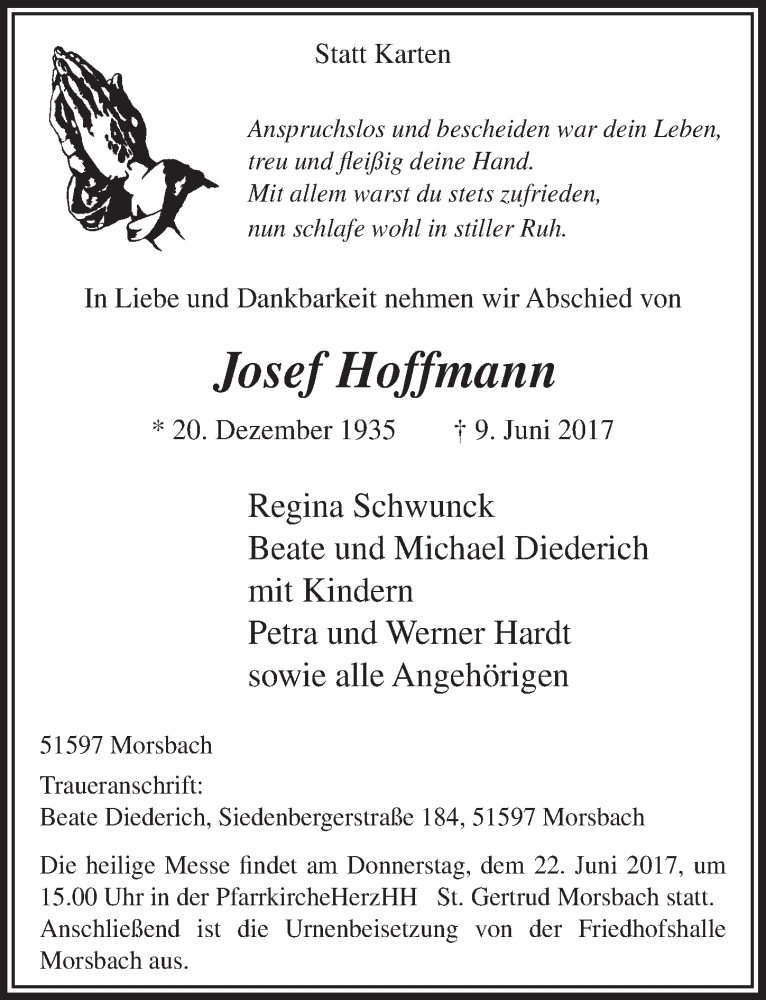  Traueranzeige für Josef Hoffmann vom 14.06.2017 aus  Lokalanzeiger 