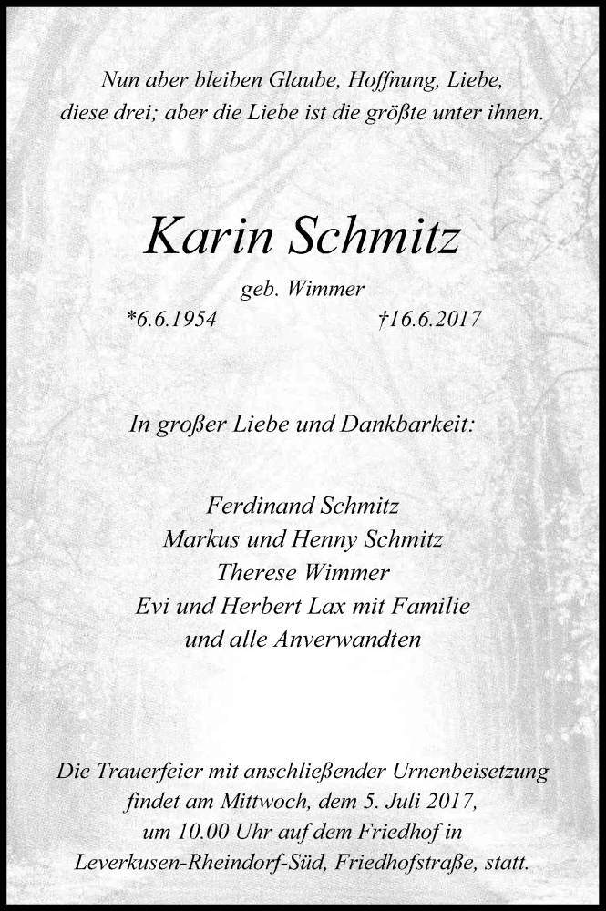  Traueranzeige für Karin Schmitz vom 24.06.2017 aus Kölner Stadt-Anzeiger / Kölnische Rundschau / Express