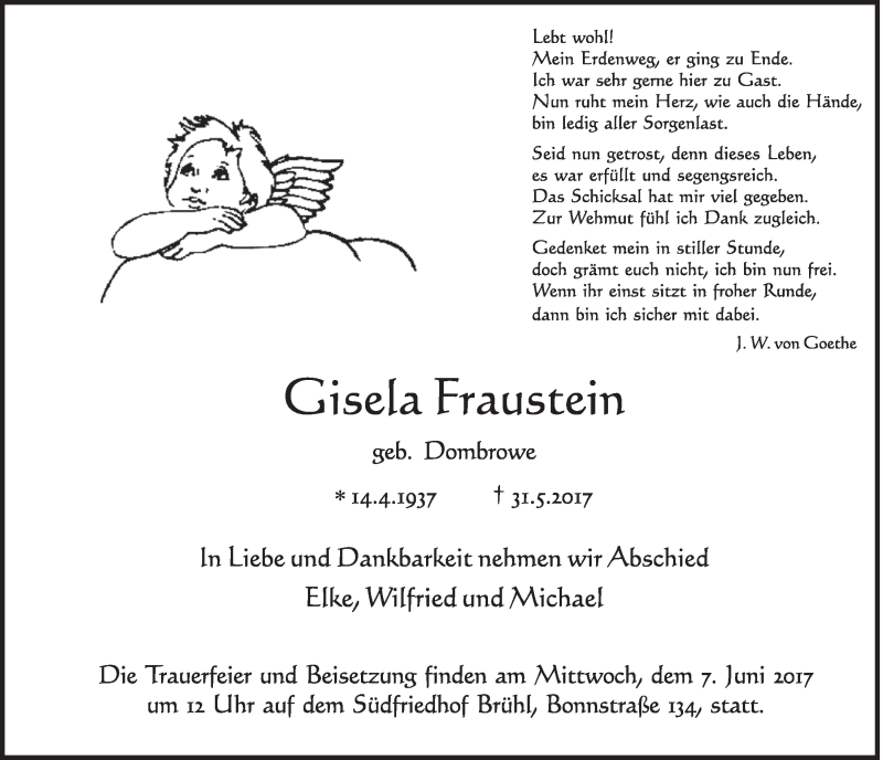  Traueranzeige für Gisela Fraustein vom 07.06.2017 aus  Schlossbote/Werbekurier 