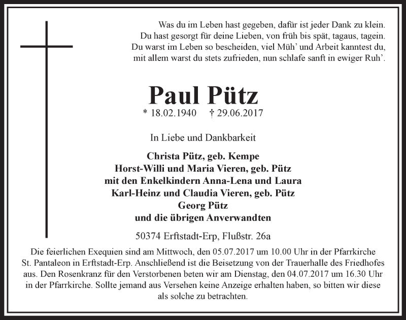  Traueranzeige für Paul Pütz vom 01.07.2017 aus  Sonntags-Post 