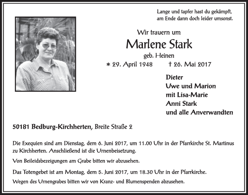  Traueranzeige für Marlene Stark vom 03.06.2017 aus  Sonntags-Post 