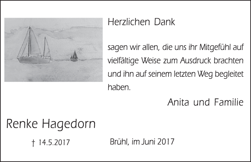  Traueranzeige für Renke Hagedorn vom 14.06.2017 aus  Schlossbote/Werbekurier 