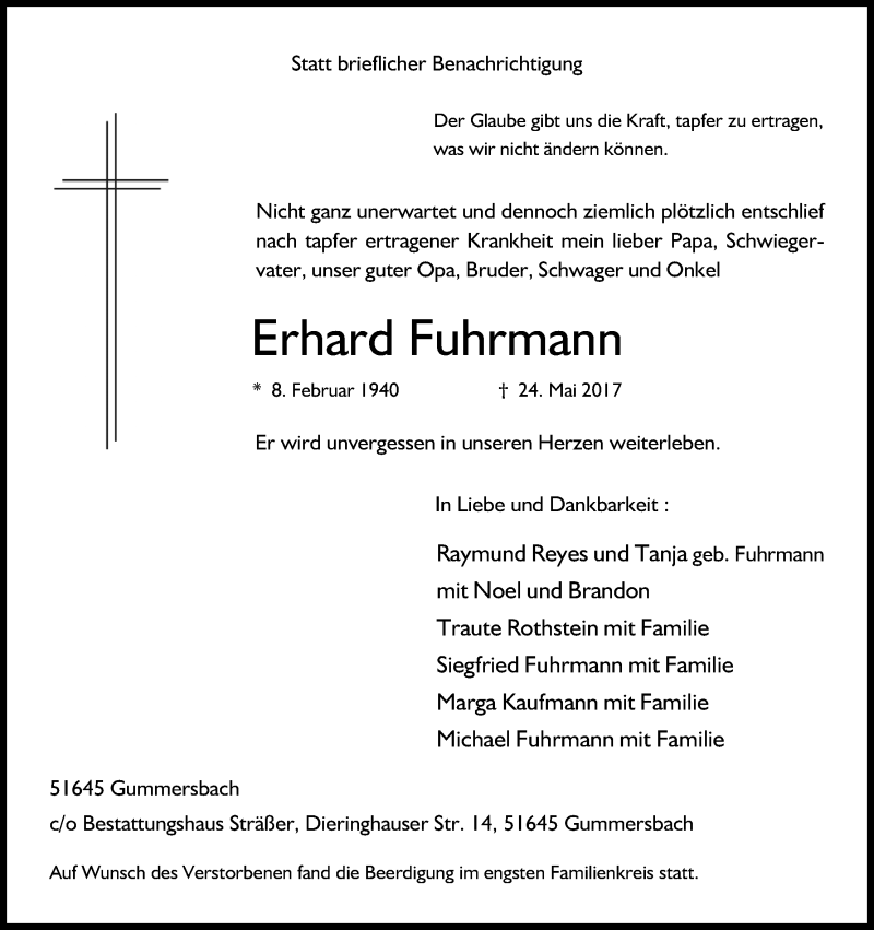  Traueranzeige für Erhard Fuhrmann vom 03.06.2017 aus Kölner Stadt-Anzeiger / Kölnische Rundschau / Express