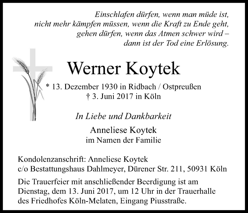  Traueranzeige für Werner Koytek vom 10.06.2017 aus Kölner Stadt-Anzeiger / Kölnische Rundschau / Express