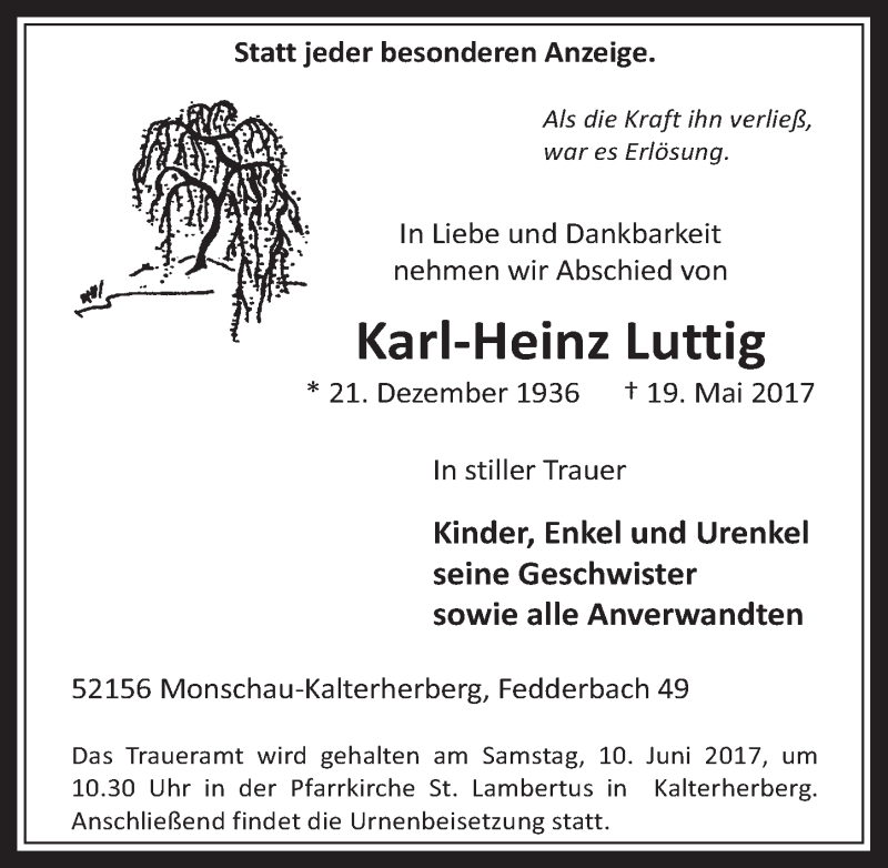  Traueranzeige für Karl-Heinz Luttig vom 07.06.2017 aus  Wochenende 