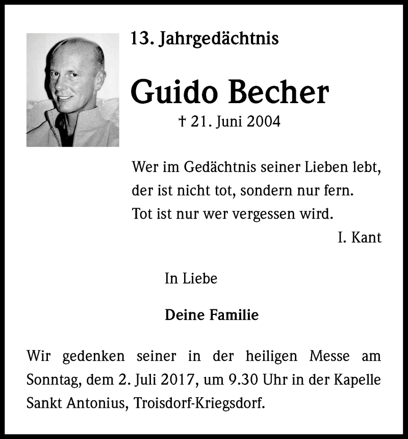  Traueranzeige für Guido Becher vom 24.06.2017 aus Kölner Stadt-Anzeiger / Kölnische Rundschau / Express