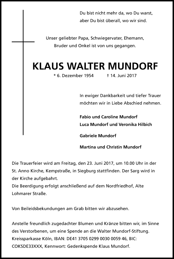  Traueranzeige für Klaus Walter Mundorf vom 20.06.2017 aus Kölner Stadt-Anzeiger / Kölnische Rundschau / Express