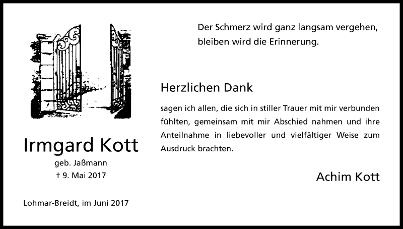  Traueranzeige für Irmgard Kott vom 17.06.2017 aus Kölner Stadt-Anzeiger / Kölnische Rundschau / Express