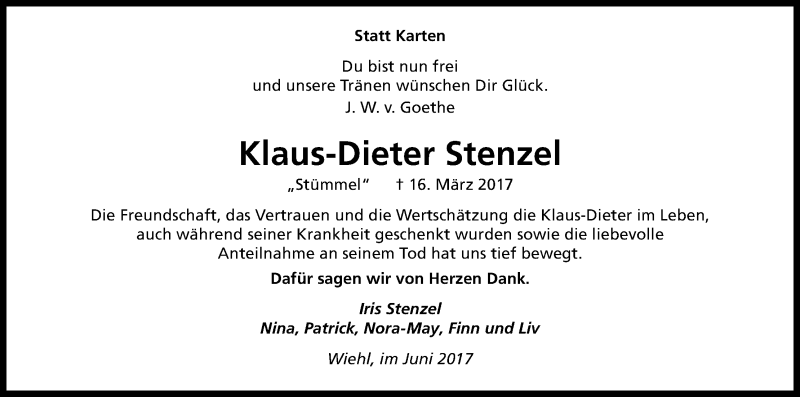  Traueranzeige für Klaus-Dieter Stenzel vom 03.06.2017 aus Kölner Stadt-Anzeiger / Kölnische Rundschau / Express