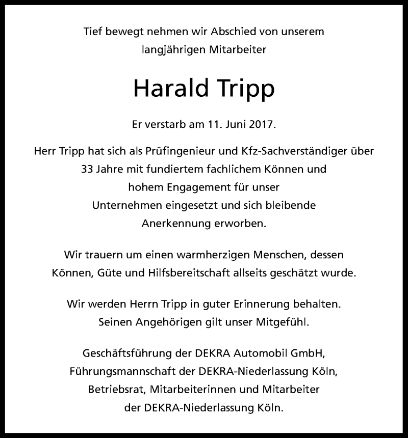  Traueranzeige für Harald Tripp vom 17.06.2017 aus Kölner Stadt-Anzeiger / Kölnische Rundschau / Express