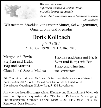 Anzeige von Doris Kollbach von Kölner Stadt-Anzeiger / Kölnische Rundschau / Express