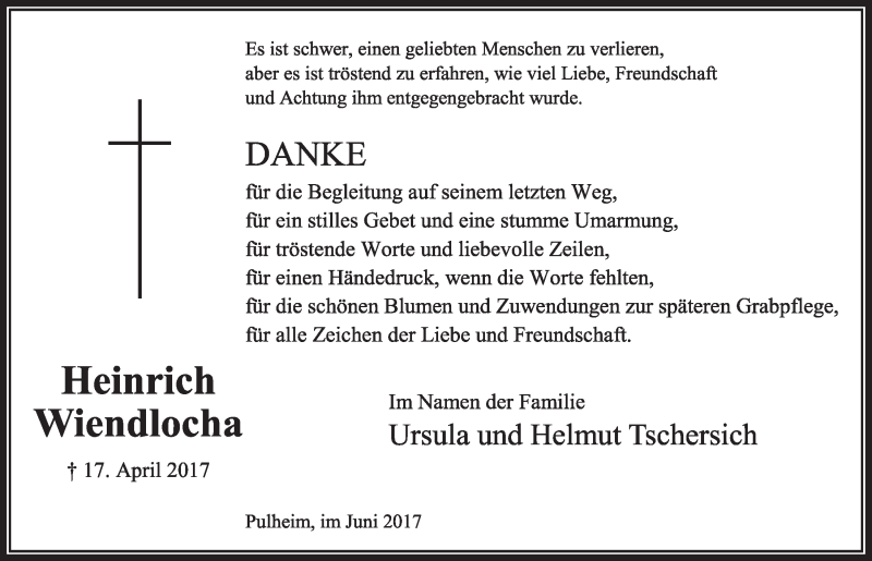  Traueranzeige für Heinrich Wiendlocha vom 03.06.2017 aus  Sonntags-Post 
