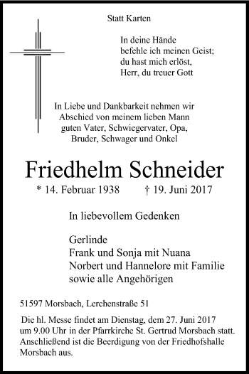 Anzeige von Friedhelm Schneider von Kölner Stadt-Anzeiger / Kölnische Rundschau / Express