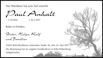 Anzeige von Paul Anhalt von Kölner Stadt-Anzeiger / Kölnische Rundschau / Express
