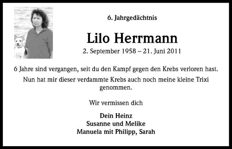  Traueranzeige für Lilo Herrmann vom 24.06.2017 aus Kölner Stadt-Anzeiger / Kölnische Rundschau / Express