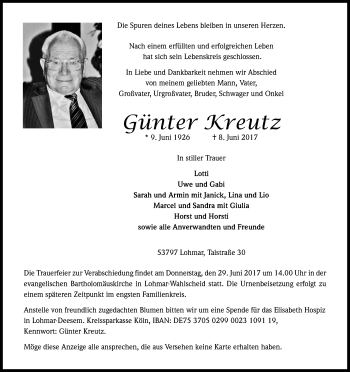 Anzeige von Günter Kreutz von Kölner Stadt-Anzeiger / Kölnische Rundschau / Express