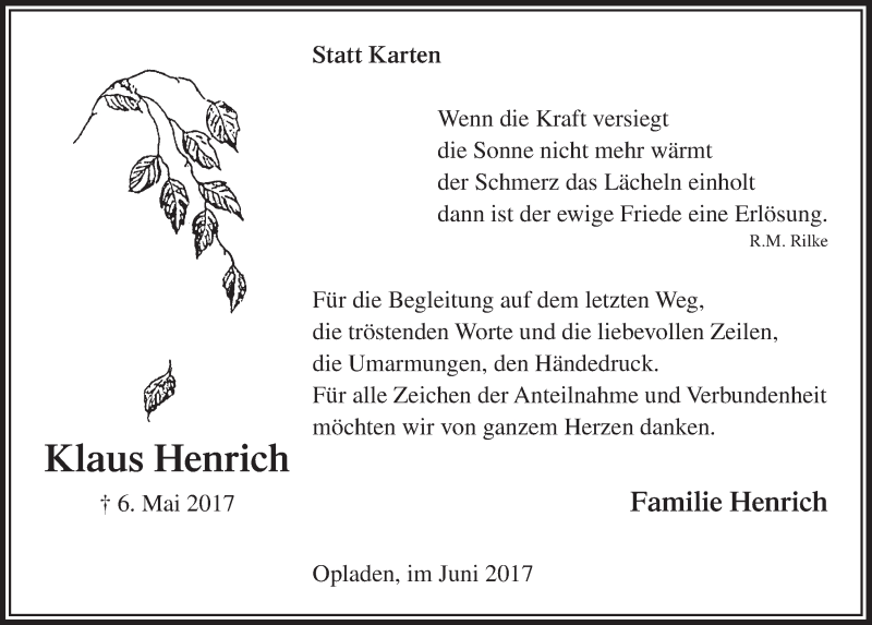  Traueranzeige für Klaus Henrich vom 10.06.2017 aus  Leverkusener Wochenende 