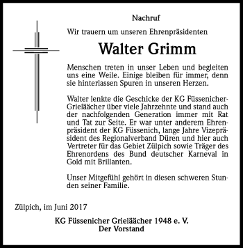 Anzeige von Walter Grimm von Kölner Stadt-Anzeiger / Kölnische Rundschau / Express