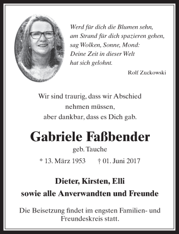 Anzeige von Gabriele Faßbender von  Sonntags-Post 