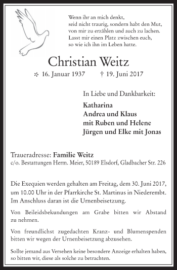 Anzeige von Christian Weitz von  Werbepost 