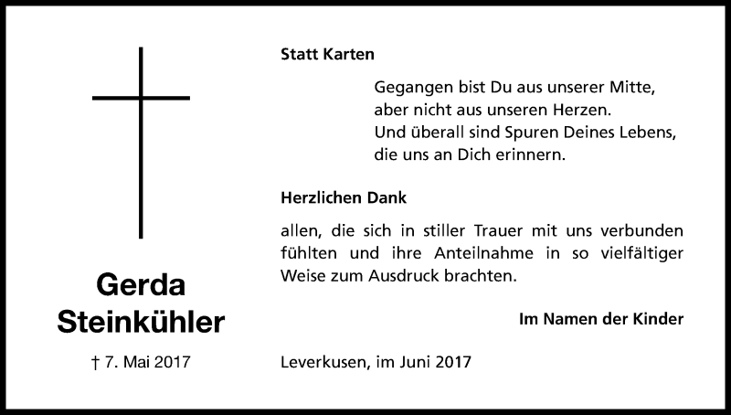  Traueranzeige für Gerda Steinkühler vom 03.06.2017 aus Kölner Stadt-Anzeiger / Kölnische Rundschau / Express