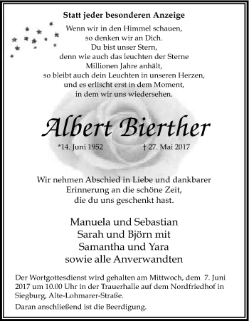 Anzeige von Albert Bierther von Kölner Stadt-Anzeiger / Kölnische Rundschau / Express