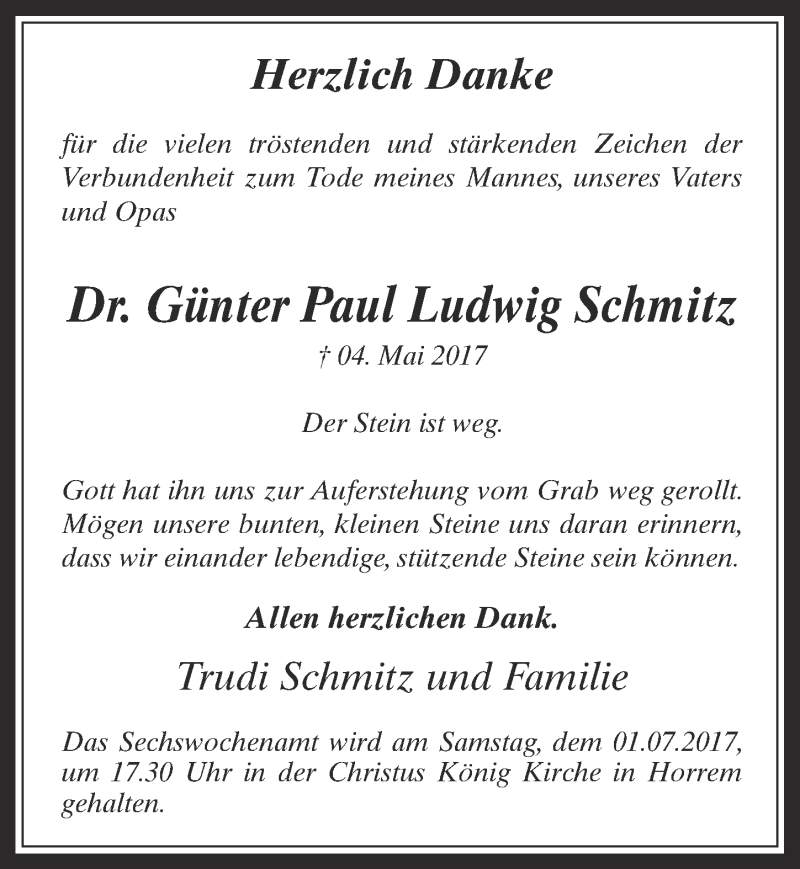  Traueranzeige für Günter Paul Ludwig Schmitz vom 14.06.2017 aus  Werbepost 