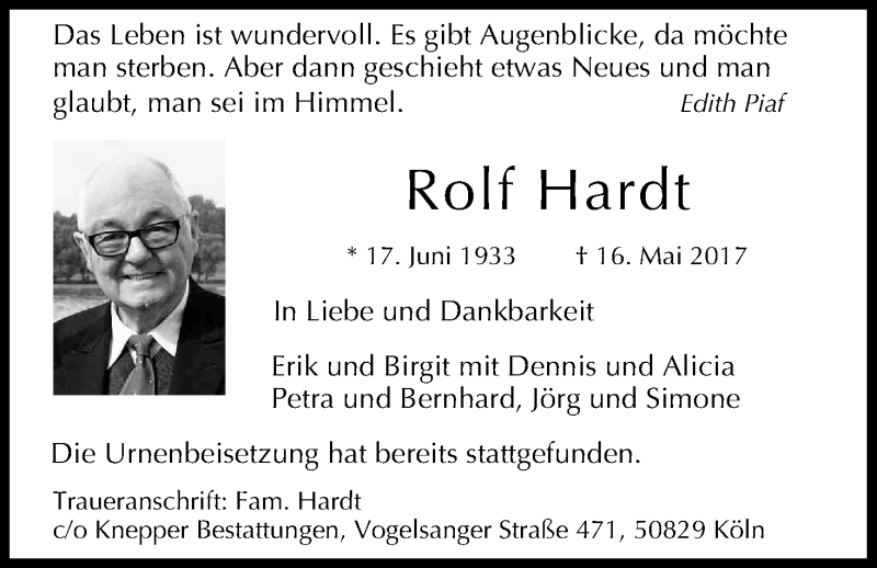  Traueranzeige für Rolf Hardt vom 24.06.2017 aus Kölner Stadt-Anzeiger / Kölnische Rundschau / Express