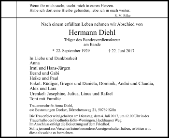 Anzeige von Hermann Diehl von Kölner Stadt-Anzeiger / Kölnische Rundschau / Express