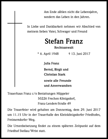 Anzeige von Stefan Franz von Kölner Stadt-Anzeiger / Kölnische Rundschau / Express