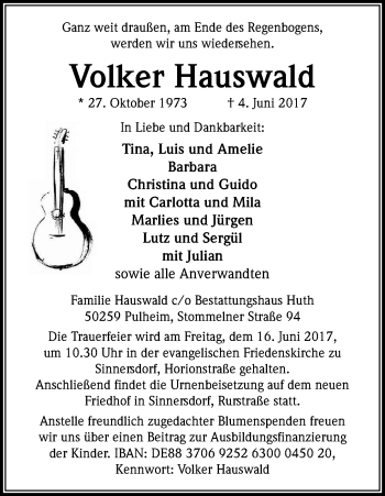Anzeige von Volker Hauswald von Kölner Stadt-Anzeiger / Kölnische Rundschau / Express