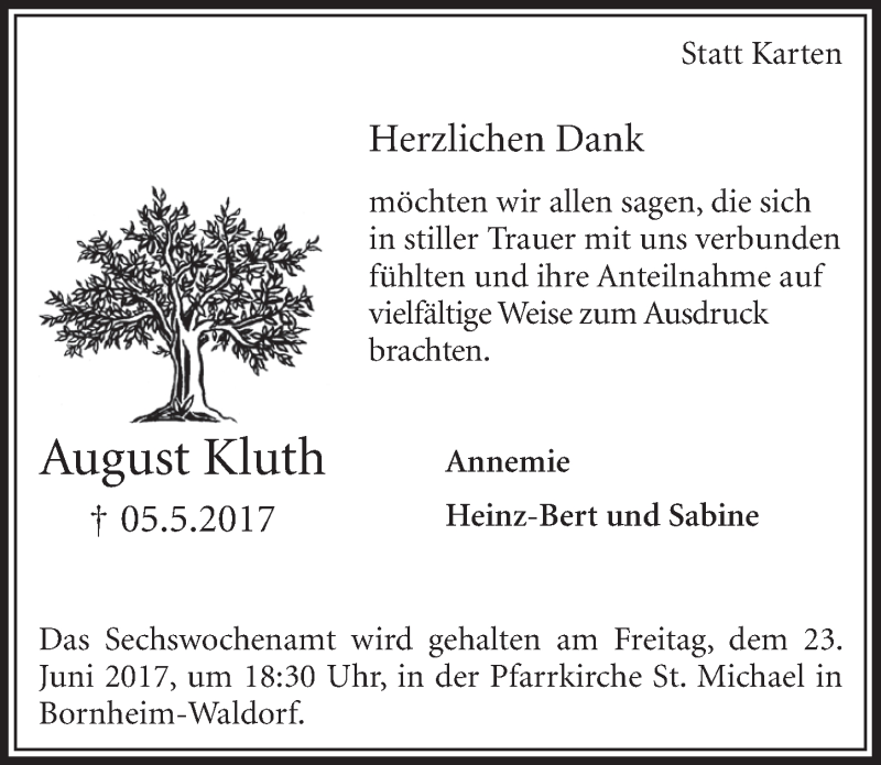  Traueranzeige für August Kluth vom 14.06.2017 aus  Schlossbote/Werbekurier 