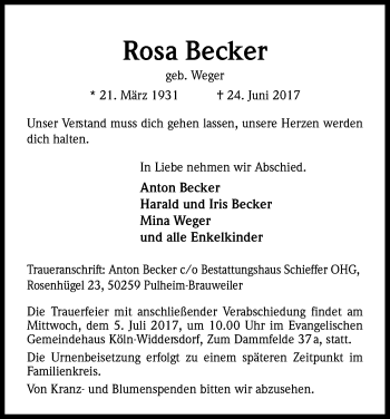 Anzeige von Rosa Becker von Kölner Stadt-Anzeiger / Kölnische Rundschau / Express