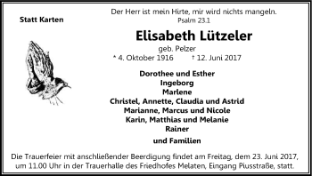Anzeige von Elisabeth Lützeler von Kölner Stadt-Anzeiger / Kölnische Rundschau / Express