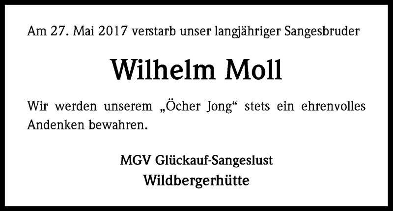  Traueranzeige für Wilhelm Moll vom 10.06.2017 aus Kölner Stadt-Anzeiger / Kölnische Rundschau / Express