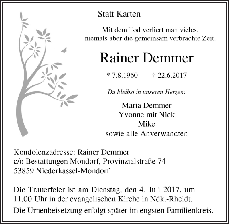  Traueranzeige für Rainer Demmer vom 28.06.2017 aus  Extra Blatt 