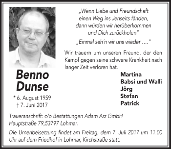 Anzeige von Benno Dunse von  Extra Blatt 