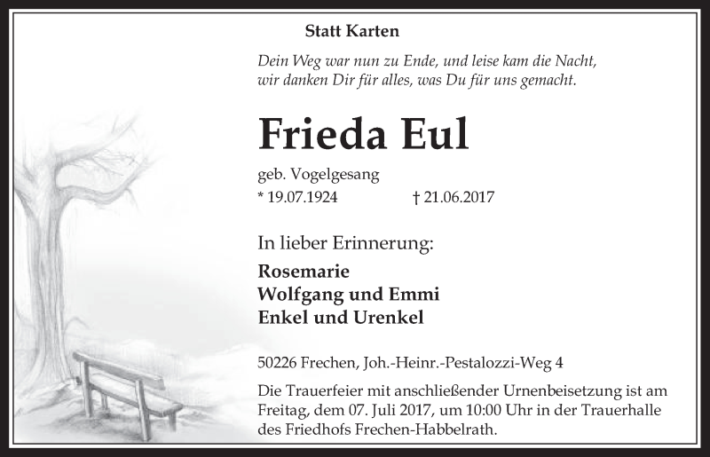  Traueranzeige für Frieda Eul vom 28.06.2017 aus  Wochenende 