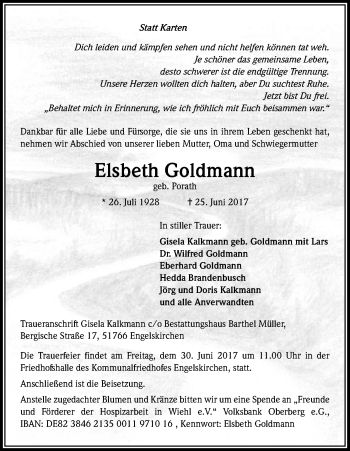 Anzeige von Elsbeth Goldmann von Kölner Stadt-Anzeiger / Kölnische Rundschau / Express