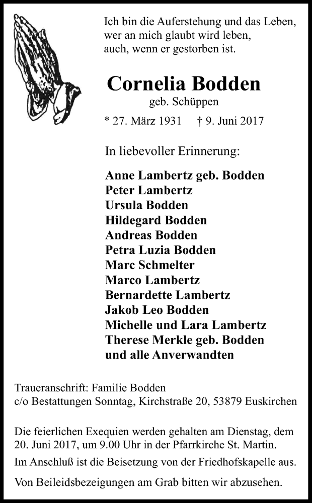  Traueranzeige für Cornelia Bodden vom 17.06.2017 aus Kölner Stadt-Anzeiger / Kölnische Rundschau / Express