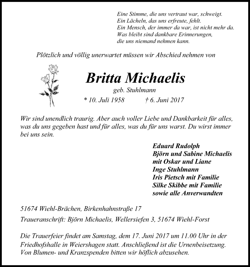  Traueranzeige für Britta Michaelis vom 10.06.2017 aus Kölner Stadt-Anzeiger / Kölnische Rundschau / Express